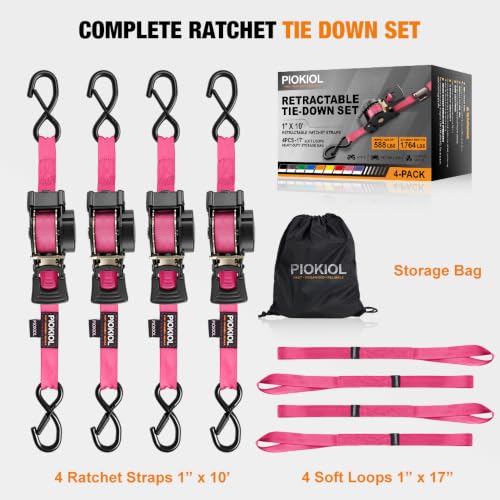 Retractable Ratchet Straps (4-Pack) - 1 Inch x 10 Feet (1,764lb Break Strength) - Heavy Duty Auto Self Retracting Tie Down Straps for Truck, Cargo Trailer, Motorcycle, ATV, UTV – Pink - color: Pink