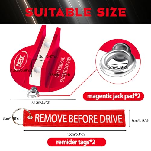 DEDC Universal Pinch Weld Jack Pad 2 Pcs Red, Magnetic Aluminum Jacking Puck Frame Rail Protecotr with 2 Reminder Streamers Compatible, Garage Accessories for Mechanics - size: Red 2 Pcs with 2 Reminder Streamers
