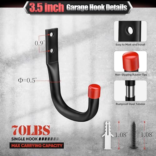 Nacial 12 Pack Garage Hooks Heavy Duty, 15" & 9.8" & 3.5" Kayak Storage Hook with EVA Pads, 100LBS Capacity Garage Hooks for Hanging Bikes, Kayak Folding Chairs and Hanging Ladders - size: 12
