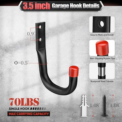 Nacial 12 Pack Garage Hooks Heavy Duty, 15" & 9.8" & 3.5" Kayak Storage Hook with EVA Pads, 100LBS Capacity Garage Hooks for Hanging Bikes, Kayak Folding Chairs and Hanging Ladders - size: 12