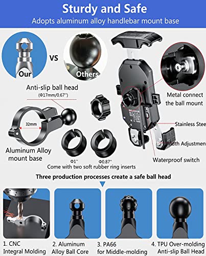 KEWIG Motorcycle Phone Mount Qi 15W Wireless & USB C 20W Fast Chargeing Port, Automatically Lock & Quick Release Handlebar Cell Phone Holder for 4-7'' Phones