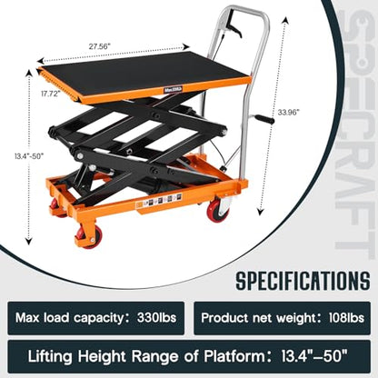 SPECRAFT 330 lbs Hydraulic Lift Cart, Double Scissor Lift Table Up to 50", 4-Wheel Material Handling Platform with Non-Slip Pad, Orange - size: 330 lbs