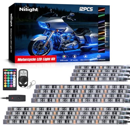 Nilight - TL-35 12PCS Motorcycle RGB Led Light Kit Waterproof Multi-Color Atmosphere Lights Lamp with Dual RF Wireless Remote Controllers for Harley Davidson Honda Kawasaki Suzuki, 2 Years Warranty - color: 12Pcs RGB LED Strip Lights