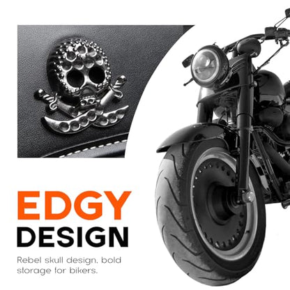 Rogierra 14.9L Motorcycle Fork Tool Bag With 2 Mounting Straps,PU Leather Roll Saddlebag For Front Fork, Handlebar & Sissy Bar Storage,Large Capacity Waterproof Fork Bag(Black, Metal Skull Pattern) - style: Metal Skull Badge