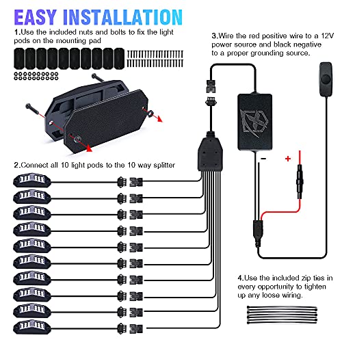 Xprite Jeep Rock Lights 10 Pods Wide Angle Bluetooth RGB LED Rocklights Kit, Multicolor Neon Lighting Footwell Underglow Kits w/Wireless Remote, Compatible Off-Road Trucks Cars UTV ATV SUV RZR - color: Wide Housing, size: 10 Pods