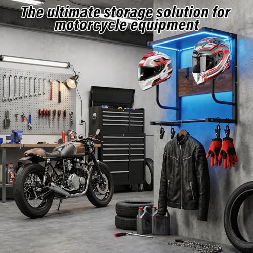 Motorcycle Helmet Rack Wall Mount with Light, Black & Steel Motorcycle Helmet Rack With RGB Light, Waterproof Heavy Duty Helmet Display Shelf for Jackets, Gear & Motorcycle Accessories Storage - size: Small