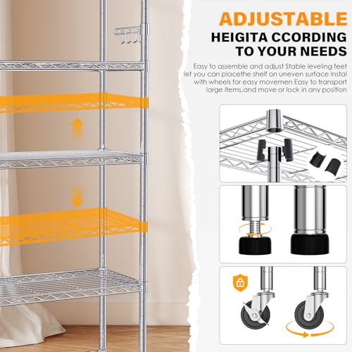 YNN Storage Shelves,1750Lbs 5 Tier Heavy Duty Metal Rolling Shelving Unit with Wheels & 8 Hooks, Adjustable Garage Wire Rack for Kitchen, Bathroom,Industrial,Pantry(36" W x 14" D x 72" H, Chrome) - size: 36"x14"x72" 5-Tier
