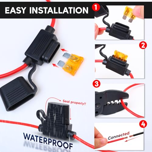 Pack of 10 Inline Fuse Holder 14AWG 1FT – Heavy Duty Automotive Blade Fuse Holder 2A/3A/5A/7.5A/10A/15A/20A/25A/30A/35A/40A Ideal for Car, Marine, Solar, and RV Applications - size: 14AWG (10 Pcs)