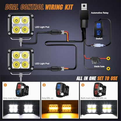 Nilight LED Pod Lights with Amber DRL 3.2 Inch Square 20W 2510LM Super Spot Beam w/ 16AWG Wiring Harness Kit Auxiliary Offroad Driving Ditch Light for Truck UTV ATV SUV 4x4 - color: 4LED Spot Pod w/ Amber DRL
