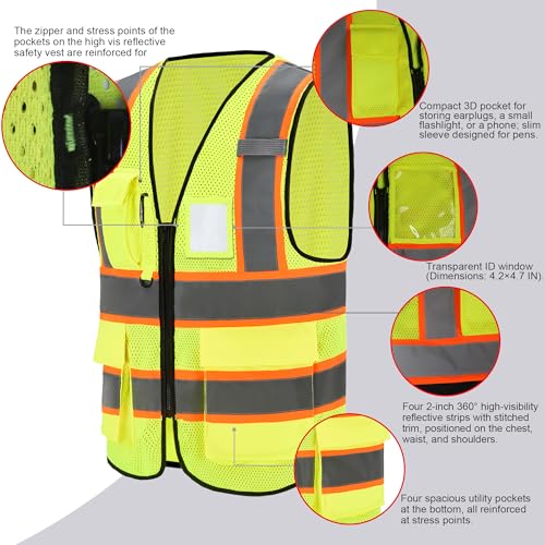 A-SAFETY Mesh High Vis Vest Lightweight Reflective Construction Vest with Pockets Safety Vest for Men/Women - color: Yellow, size: Large