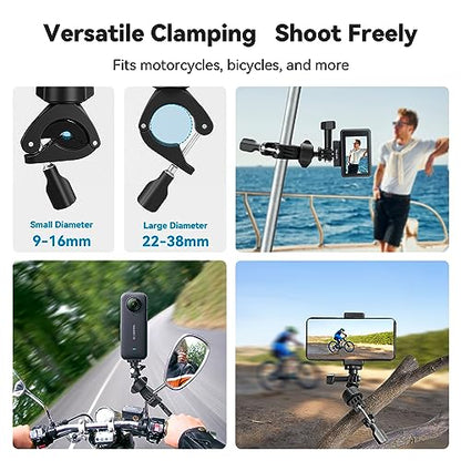 Adaptom Bike Mount+Phone Holder, 360 Rotation Camera Bicycle Motorcycle Rearview Mirror Tube Clamp for GoPro Max Hero 12 11 10 9 8 Insta360 DJI Action Accessories