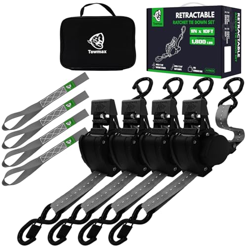 Retractable Ratchet Straps (Patented-4pack) - 1 inch x 10Feet (1,800lb Break Strength) Auto Self Retracting Tie Down Straps - Self Retractable Straps with Refletcive for Motorcyle, Truck or Cargo - color: Grey, size: 4-Pack