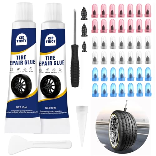 42PCS Tire Repair Rubber Nails Screws Kit with 2 Tubes Black Tire Sealant Glue & Screwdriver, 3 Sizes Universal Screw-in Tire Repair Plugs, Puncture Fix Tools for Car Motorcycle Truck ATV RV Tractor