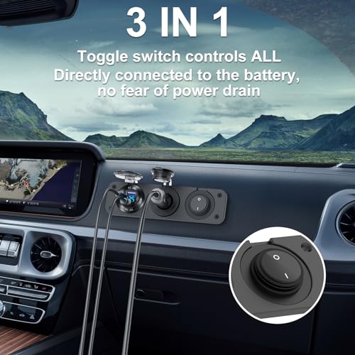 12V USB Outlet Boat Accessories Marine Switch Panel Plug, PD3.0 and Dual QC3.0 USB Ports Aluminum Car Charger with Voltmeter, Lighted 150W Cigarette Lighter Socket and Toggle Switch 3 in 1 DIY Kit - color: Charger+Socket+Switch