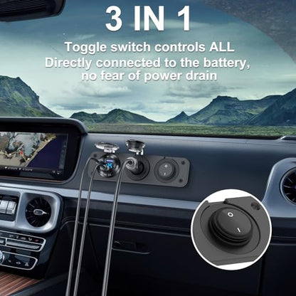 12V USB Outlet Boat Accessories Marine Switch Panel Plug, PD3.0 and Dual QC3.0 USB Ports Aluminum Car Charger with Voltmeter, Lighted 150W Cigarette Lighter Socket and Toggle Switch 3 in 1 DIY Kit - color: Charger+Socket+Switch