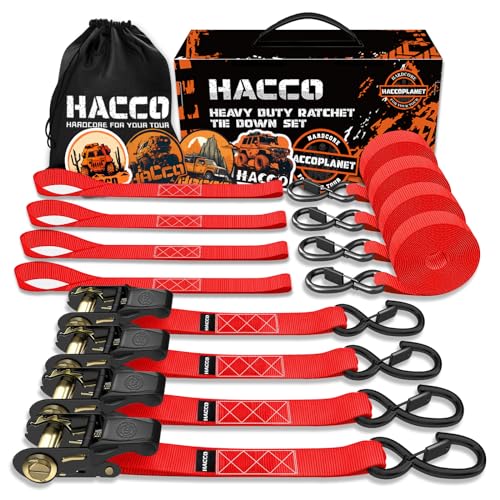 Haccoplanet Ratchet Tie Down Straps, 2340lb Break Strength, 4pc 1inch x 16FT Ratchet Strap Set with Padded Handles & Coated S Hook W/Safety Clip, Cargo Strap Tie-Down for Motorcycle, Truck (Red) - color: Red