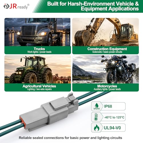JRready 2 Pin Deutsch DT Connector Kit 12 Sets, Gray Waterproof Automotive Electrical Wire Connectors with Size 16 Stamped Contacts 14-18 AWG, Wedgelocks and Seal Plugs for Car Truck Marine Wiring - size: 2-Pin (12 Pairs)