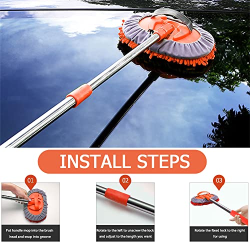 WillingHeart 47.5" Car Wash Brush Mop Cleaning Tool with Long Handle Kit for Washing Detailing Cars Truck, SUV, RV, Trailer, Boat 2 in 1 Chenille Microfiber Sponge Duster Not Hurt Paint Scratch Free - color: Orange