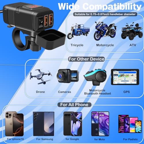 Motorcycle Phone Charger,Dual USB 6.8A Quick Charge 3.0 Motorcycle Handlebar Charger with Voltmeter & ON/Off Switch, Waterproof SAE to USB Adapter for Phone, Tablet, GPS (Red) - color: Red