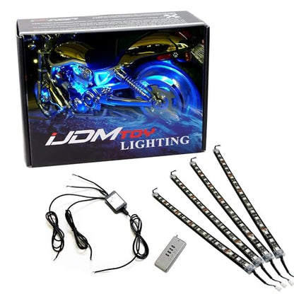 iJDMTOY 4pc Motorcycle Underglow LED Strip Light Kit RGB Neon Accent Night Riding Light Ground Effect Atmosphere Lighting Kit for Motorbike Trikes Golf Carts ATVs UTVs Decoration