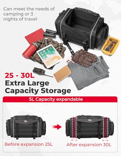KEMIMOTO Motorcycle Travel Luggage Bags, Expandable Large Capacity Motorcycle Tail Bag, Waterproof Rear Rack Trunk, Motor Pannier Bag with Rain Cover and Straps 25L-30L - size: 25L-30L