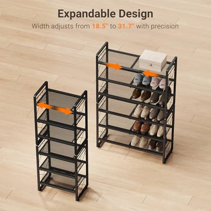 ELYKEN Shoe Rack, 6-Tier Expandable Shoe Organizer for Entryway, Metal Black Shoe Shelf with 8 Hooks, Ajustable Shoe Stand Holder for Closet, Garage, Door Entrance - size: 6-Tier