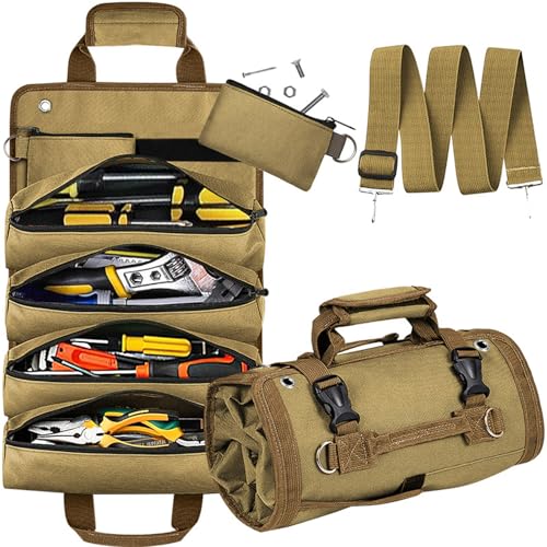 Roll Up Tool Bag, Portable Folding Tool Roll with Detachable Pouch, Heavy Duty Motorcycle Storage Organizer, Khaki - color: Khaki
