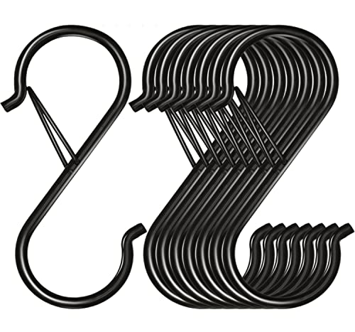 Waitkey 8 Pack S Hooks for Hanging, 3.5 inch Heavy Duty Metal S Hooks with Safety Buckle S Shaped Hooks Pot Rack Closet Hooks for Hanging Plants, Clothes, Kitchen Utensil, Pots, Pans, Bags (Black) - color: Black, size: 8 Pack