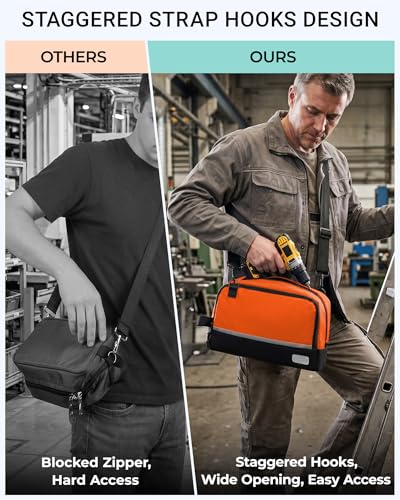 2 Pack Small Tool Bags Zipper Pouch for Organizing, with Adjustable Shoulder Strap & Carabiner, Utility Small Tool Pouch with Multi Pocket Compartments and Label Area (12" & 10") - color: Blue/Orange
