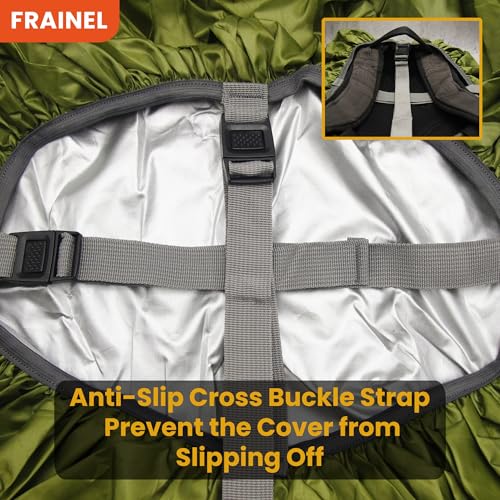 Waterproof Backpack Rain Cover. 210 Taffeta Silver-Coated Inner Layer. Reflective Logo and Buckle Strap. Army Green Style 60L. Include Storage Bag with Zipper