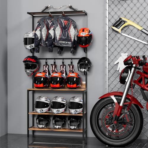 Motorcycle Helmet Holder Floor Mounted Stand, Wall Mount with Helmet Rack, 4 Glove Chips and 4 Hooks, Rustic Helmets Holder and Motorcycle Helmets Rack for Most of Helmet