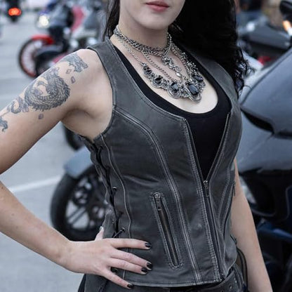 Milwaukee Leather Women's V-Neck Distress Grey Premium Leather Motorcycle Rider Vest w/Side Laces MLL4531 - color: Distressed Grey, size: X-Small