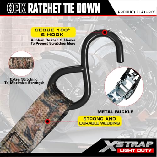 XSTRAP STANDARD 8-Pack Ratchet Tie Down Straps, 1" x 10ft, 900lb Break Strength Heavy Duty Straps for Motorcycles, ATVs, Lawn Equipment, Appliances & Truck Cargo - Camouflage - color: Camouflage