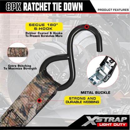 XSTRAP STANDARD 8-Pack Ratchet Tie Down Straps, 1" x 10ft, 900lb Break Strength Heavy Duty Straps for Motorcycles, ATVs, Lawn Equipment, Appliances & Truck Cargo - Camouflage - color: Camouflage