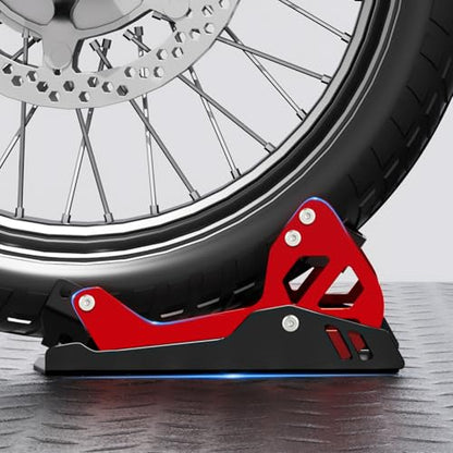 Heavy-Duty Steel Motorcycle Wheel Chock for Trailer Mount | Anti-Rust Black/Red Design | Universal Front Wheel Chock Stand for Dirt Bikes & Motorcycles | Compact & Portable (5.3”H x 10.8”L x 6.1”W)