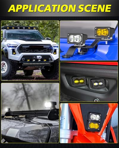 LED Pods, AKD Part 4Pcs 3" 80W Flood CREE LED Pod Lights Small Off Road Driving Lights Backup Reverse Scene Lights for Trucks Motorcycle UTV ATV SUV Dirt Bike - White & Yellow - color: White+Yellow