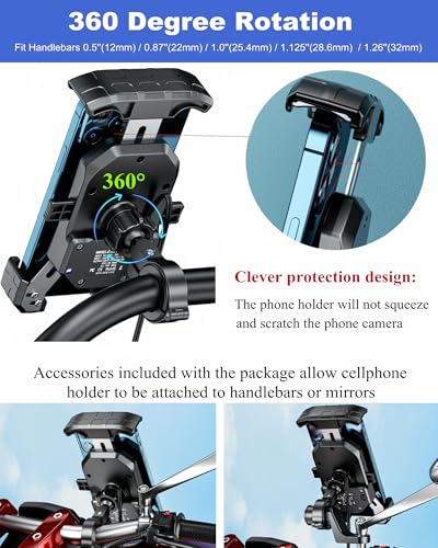BRCOVAN Motorcycle Phone Mount Holder with Wireless & USB-C Charger | Qi 15W & PD 20W, 1s Locking Design Cellphone Clip with Aluminum Alloy Handlebar Mounting Base for 4'' - 7'' Smartphones