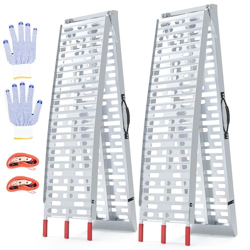 90" Aluminum Folding Loading Ramps, 1860 lbs Capacity Heavy Duty Truck Ramps, Pair of Non-Slip ATV/UTV Ramps with Handles & Safety Straps for Pickup Trucks, Trailers, Lawn Mowers
