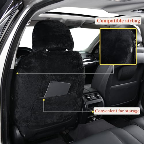1PC Front Bucket Genuine Sheepskin Car Seat Cover Lambskin Winter Car seat Cushion Lambs Wool Sheep Skin Fuzzy Seat Cover Shearling Car Accessories for SUVs, Saloons and Trucks (Black) - color: Black