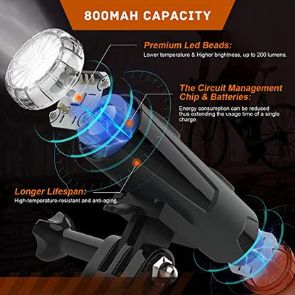 2in 1 Rechargeable Helmet Light with Bracket Mount Night Bike Light Riding Safety 5 Warning Light Modes IP66 Waterproof Bicycle Light, 360° Rotatable Front Rear Lights, Mountain Bike Headlight