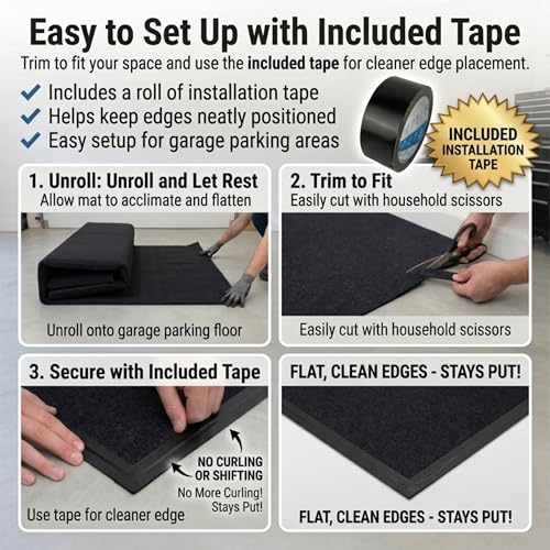 Garage Floor Mat, 7.4' x 8.4'-Absorbent Waterproof Parking Mat for Cars, SUVs & Motorcycles, Includes Installation Tape, Protects Concrete from Oil Drips, Mud, Snow and Tire Marks, Cut to Fit - size: 7'5" x 8'5" (Rectangular)