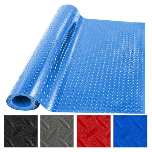 4 x 6 FT Garage Floor Mat, Vinyl Garage Flooring Roll with Anti-Slide Diamond Texture PVC Rubber, Water/Stain Resistant Floor Runner (Embossed Diamond Plate), Blue - color: Blue, size: 4 x 6 FT