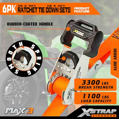 XSTRAP STANDARD 6-PK Ratchet Tie Down Straps, Heavy Duty Motorcycle Straps | 1 Inch 4 x 14ft & 2 x 10ft Tie-down, 3300 lbs Break Strength Cargo Straps with Coated S-Hooks for Moving, Truck, UTV, Trailer