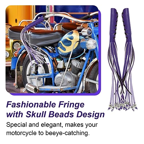 Motorcycle Lever Cover PU Leather Fringed Brake Clutch Covers Universal Grip Tassels Motorcycle Handlebar Covers with Skull Beads - color: Purple