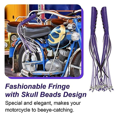 Motorcycle Lever Cover PU Leather Fringed Brake Clutch Covers Universal Grip Tassels Motorcycle Handlebar Covers with Skull Beads - color: Purple