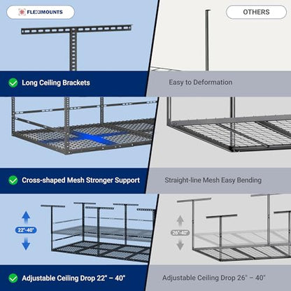 FLEXIMOUNTS 4x8 Overhead Garage Storage Rack with Safety Rails, Hammertone | 750 lbs Capacity, Adjustable 22-40" Height, 3-Sided Guard Rails, Heavy Duty Metal, Ceiling Storage System - color: Hammertone