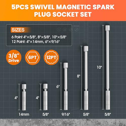5PCS 3/8-Inch Drive Thin Wall Magnetic Swivel Spark Plug Socket with 9/16" 5/8" 14mm Sizes, 6 Point & 12 Point, Spark Plug Socket Removal Tool 360-degree Rotation, for Maximize Flexibility - size: 9/16"& 5/8"& 14mm, 6 Point & 13 Point