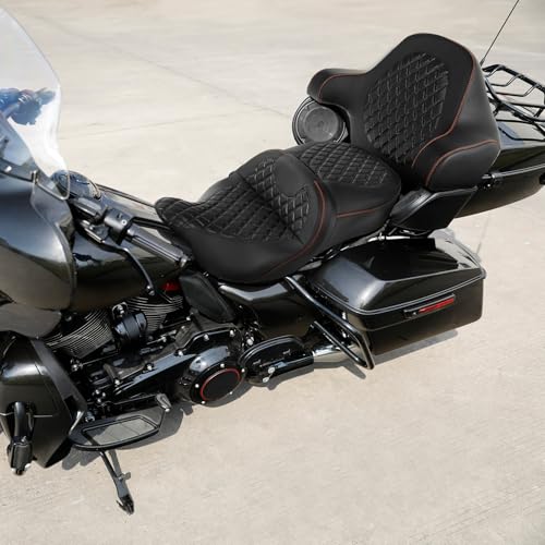 SLMOTO Gel Hammock Rider Driver Seat + Passenger Backrest Pad Sissy Bar Fit for Harley Touring Road King Glide Street Glide Electra Glide 2014-2023 Black Red Motorcycle 2 Up - color: Gel Style B Red Seat + Backrest