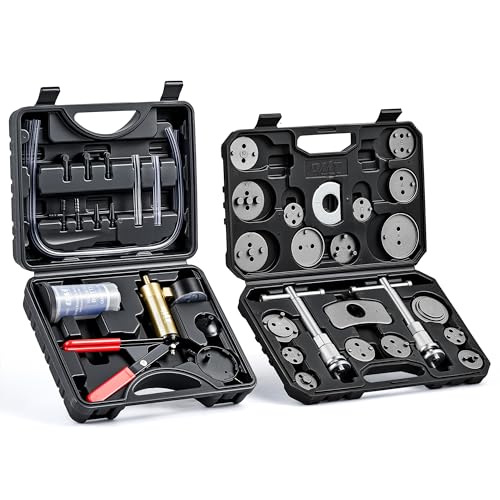 Orion Motor Tech 2 in 1 Brake Caliper Compression Tool & Brake Bleeder Kit, Handheld Vacuum Pump Brake Bleeder Tool Set, Disc Brake Pad Service Tool with Thrust Bolt Retaining Plates & 18 Adapters - color: Black