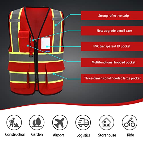 AYKRM Security Vest for Men Women 7 Pockets High Visibility Reflective Safety Vest Front Zipper Meets ANSI/ISEA - color: Red-ems, size: Large